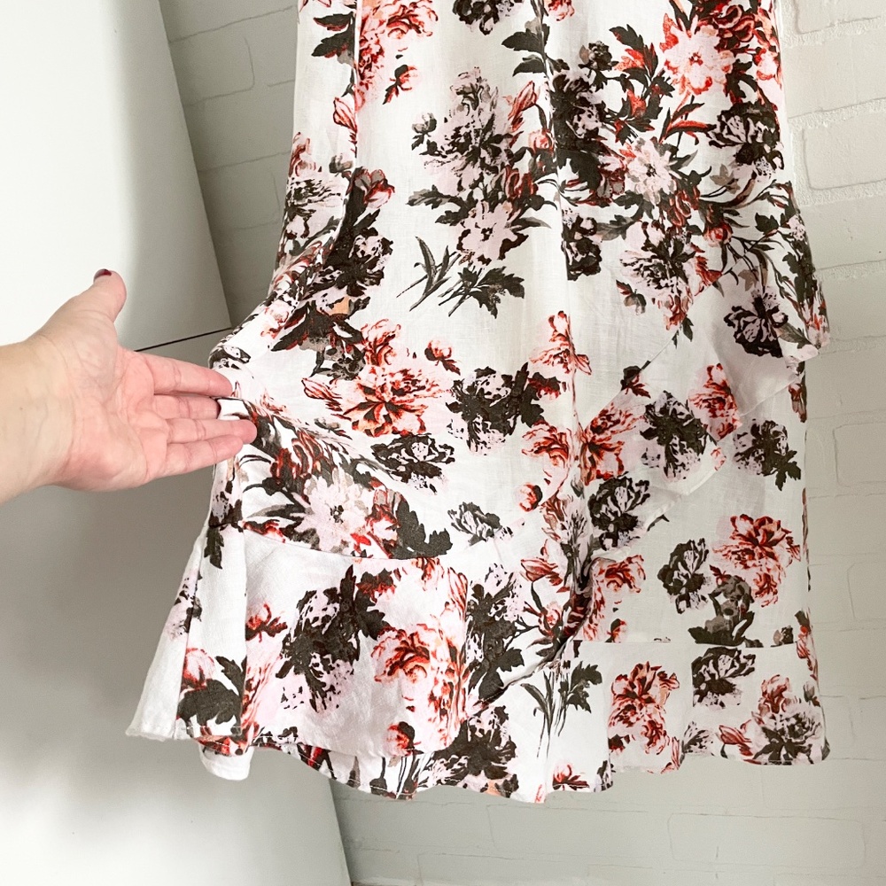 Romantic Linen Floral Midi Dress Ruffle Hem Effortless Chic Cream Olive Coral M - Picture 8 of 10